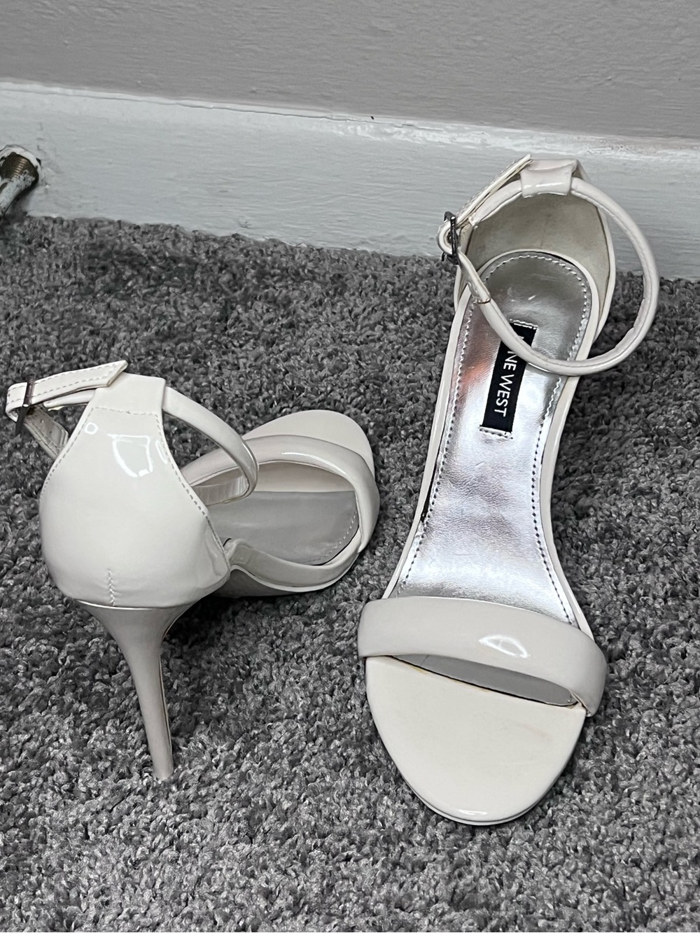 Nine West Ivory Patent Ankle-Strap Stiletto Sandals